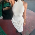 Women Sexy Sleeveless Halter Neck Maxi Dress Milk Silk High Waist Ruched Pleated Split Long Dress For Evening Party Clubwear Summer Streetwear