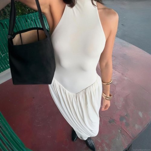 Women Sexy Sleeveless Halter Neck Maxi Dress Milk Silk High Waist Ruched Pleated Split Long Dress For Evening Party Clubwear Summer Streetwear