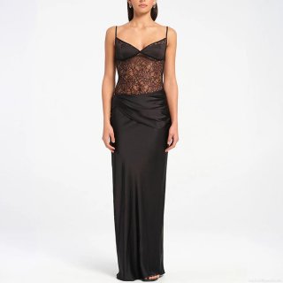 Women's Sexy Lace Satin Patchwork Sling Maxi Dress Ruched Bodycon V-Neck Evening Party Floor Length Long Dress Streetwear Club Summer Fashion