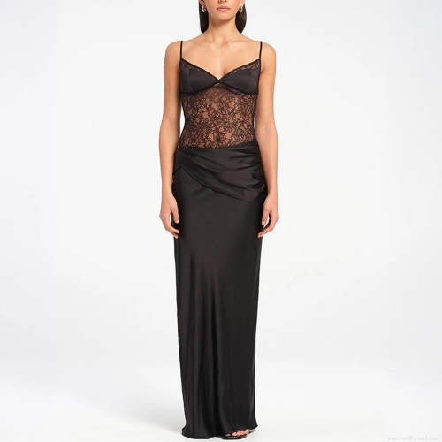 Women's Sexy Lace Satin Patchwork Sling Maxi Dress Ruched Bodycon V-Neck Evening Party Floor Length Long Dress Streetwear Club Summer Fashion