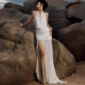 Sexy White Halter Neck Backless Ruched Milk Silk Maxi Dress For Women Cowl Neck High Slit Elegant Evening Party Wedding Guest Long Dress