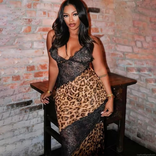 Sexy Leopard Print Lace Stitching Maxi Cami Dress Women V Neck Sleeveless Chiffon Patchwork Long Dress Party Clubwear Night Out Streetwear