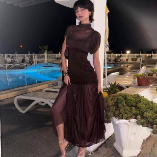 Women Sexy Mesh Ruched Bodycon Maxi Dress Sheer Sleeveless Mock Neck Milk Silk Patchwork Long Dress For Party Clubwear