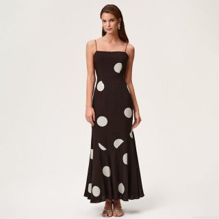 Women Sexy Backless Polka Dot Maxi Dress Chiffon Spaghetti Strap Fishtail Long Sundress Elegant Slim Fit Beach Party Sleeveless Dress Polyester 4-Way Stretch