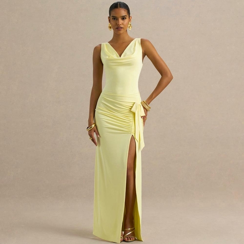 Women Sexy Cowl Neck Maxi Dress With Side Split Ruched Sleeveless Evening Party Dress Solid Color Milk Silk Long Dress For Wedding Clubwear Women