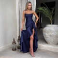 Women Elegant Satin Maxi Dress Sexy Backless Cami Ruffle High Split Evening Party Club Gown Sleeveless Solid Color Polyester Long Dress