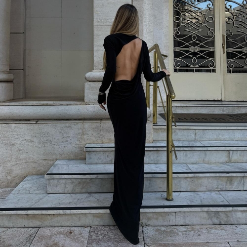 Elegant Long Sleeve Backless Bodycon Maxi Dress Sexy Solid Color Polyester Milk Silk Slim Fit Floor Length Party Evening Dress For Women