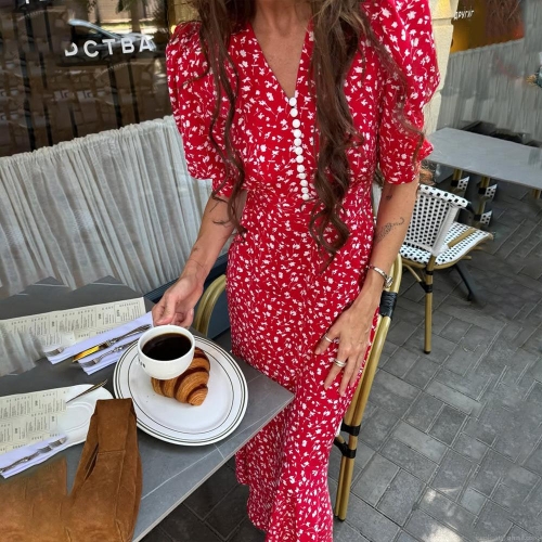 French Elegant V-Neck Floral Maxi Dress With Puff Sleeve Single Breasted Button High Waist Summer A-Line Dress For Women Casual Vacation Sexy Slim Fit