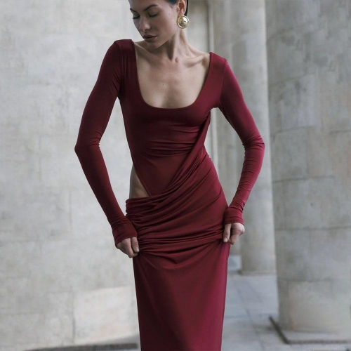 Women's Sexy Hollow Out Ruched Bodycon Maxi Dress Long Sleeve U-Neck Milk Silk Polyester Slim Fit Club Party Evening Gown