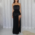 Sexy Women Tube Top Maxi Dress High Slit Peplum Ruffle Waist Slimming Satin Milk Silk Evening Party Cocktail Long Dress For Lady