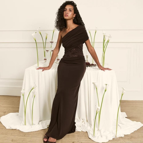 Women's One Shoulder Maxi Dress Ruched Waist Sexy Bodycon Lace Patchwork Sleeveless Solid Color Gala Party Club Long Dress With Milk Silk Fabric