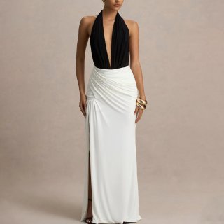 Women's Sexy Halter Deep V-Neck Backless Maxi Dress Color Block Black White Pleated High Slit Slim Fit Milk Silk Party Clubwear Night Out Long Dress