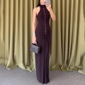 Women Sexy Ruched Halter Maxi Dress Solid Color Milk Silk Bodycon Long Dress With Buttons Slim Fit Sleeveless Backless Party Club Dress For Ladies