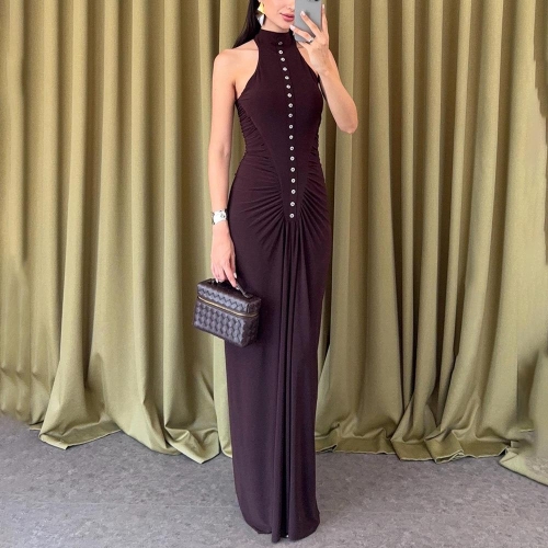 Women Sexy Ruched Halter Maxi Dress Solid Color Milk Silk Bodycon Long Dress With Buttons Slim Fit Sleeveless Backless Party Club Dress For Ladies