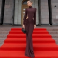 Women Sexy Cut Out Waist Ruched Maxi Dress Mock Neck Long Sleeve Coffee Polyester Milk Silk Slim Fit Bodycon Party Evening Dress