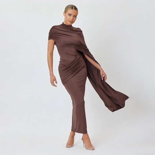 Women's Sexy Ruched Asymmetric Shoulder Maxi Dress Milk Silk Slim Fit Bodycon Solid Color Long Dress with Cape Sleeve for Party Evening