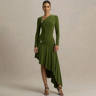 Women's Slim Fit Maxi Dress Sexy Pleated Irregular Hem Long Sleeve Round Neck Polyester Solid Color Evening Party Gown For Ladies