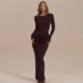 Women's Sexy Solid Color Round Neck Long Sleeve Ruched Bodycon Maxi Dress With Back Slit Elegant Fishtail Slim Fit Evening Party Long Dress