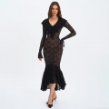 Elegant Black Lace Mermaid Maxi Dress Sexy V Neck Ruffle Flared Sleeve Bodycon Slim Patchwork Evening Party Long Dress For Women