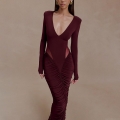 Sexy Deep V Neck Ruched Bodycon Maxi Dress For Women Long Sleeve Mesh Patchwork Pleated Party Evening Club Slim Fit Floor Length Slinky Gown