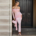 Women's Sexy Lace Off-Shoulder Maxi Dress Long Sleeve Backless Transparent Mesh Patchwork Slim Fit Evening Party Night Out Clubwear Pink Long Gown