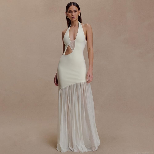Women Sexy Halter Neck Hollow Out Maxi Dress Ruched Backless Mesh Splicing Bodycon Long Dress Evening Party Clubwear Gown