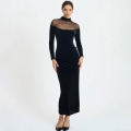 Women's Sexy Mesh Patchwork Velvet Maxi Dress High Neck Long Sleeve Bodycon Slim Fit Long Evening Party Dress Elegant Clubwear