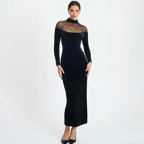 Women's Sexy Mesh Patchwork Velvet Maxi Dress High Neck Long Sleeve Bodycon Slim Fit Long Evening Party Dress Elegant Clubwear