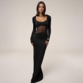 Sexy Women Mesh Perspective Stitching Maxi Dress Milk Silk Long Sleeve U-Neck Bodycon Floor Length Evening Party Clubwear Bodycon Mermaid Dress