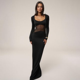 Sexy Women Mesh Perspective Stitching Maxi Dress Milk Silk Long Sleeve U-Neck Bodycon Floor Length Evening Party Clubwear Bodycon Mermaid Dress