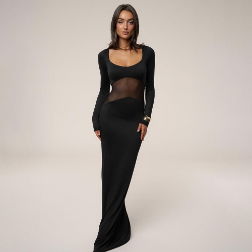 Sexy Women Mesh Perspective Stitching Maxi Dress Milk Silk Long Sleeve U-Neck Bodycon Floor Length Evening Party Clubwear Bodycon Mermaid Dress