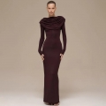 Women Sexy Ruched Bodycon Maxi Dress Draped Neck Long Sleeve Solid Color Slim Fit Polyester Milk Silk Party Evening Club Long Dress