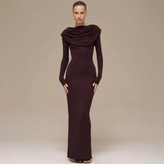 Women Sexy Ruched Bodycon Maxi Dress Draped Neck Long Sleeve Solid Color Slim Fit Polyester Milk Silk Party Evening Club Long Dress