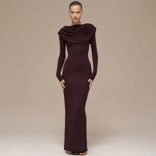 Women Sexy Ruched Bodycon Maxi Dress Draped Neck Long Sleeve Solid Color Slim Fit Polyester Milk Silk Party Evening Club Long Dress