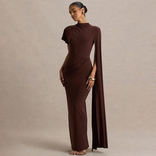 Women's Elegant Sexy Asymmetric Cape Sleeve Maxi Dress Milk Silk Polyester Pleated Slim Fit Evening Banquet Party Gown For Ladies