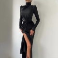 Sexy High Neck Long Sleeve Maxi Dress Women Polyester Milk Silk Ruched Cutout Backless High Slit Bodycon Evening Party Club Dress
