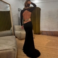 Sexy Backless Maxi Dress Elegant Long Sleeve Solid Black Floor Length Fishtail Dress With Gold Metal Belt For Party Banquet Wedding Evening Women Polyester Gown