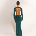 Women Sexy Backless Maxi Dress Long Sleeve Bodycon Party Banquet Dress Solid Color Milk Silk Evening Gown With Bowknot Slit For Women Elegant Clubwear