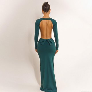 Women Sexy Backless Maxi Dress Long Sleeve Bodycon Party Banquet Dress Solid Color Milk Silk Evening Gown With Bowknot Slit For Women Elegant Clubwear