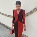 Women's Sexy Color Block V Neck Long Sleeve Maxi Dress Contrast Twist Front Side Slit Slim Fit Bodycon Party Evening Gown Streetwear Dress
