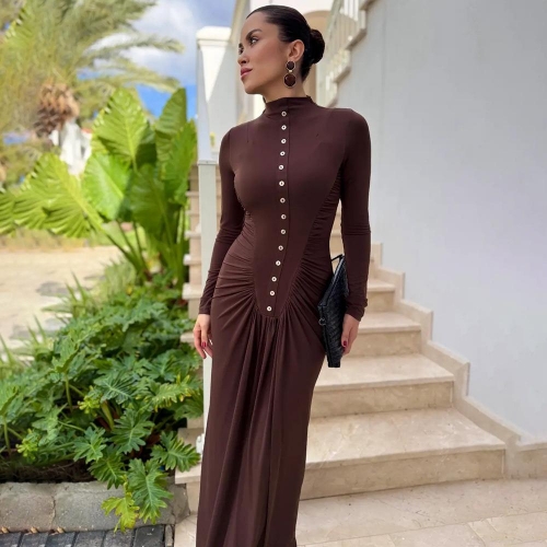 Women's Elegant Mock Neck Long Sleeve Bodycon Maxi Dress Sexy Ruched Pleated Evening Gown With Decorative Buttons Slim Fit Milk Silk Party Clubwear Autumn