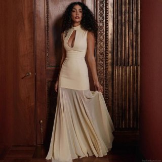 Women Sexy Halter Neck Cutout Maxi Dress Elegant Chiffon Patchwork See-Through Fishtail Evening Party Bodycon Dress Polyester Solid Color Long Dress