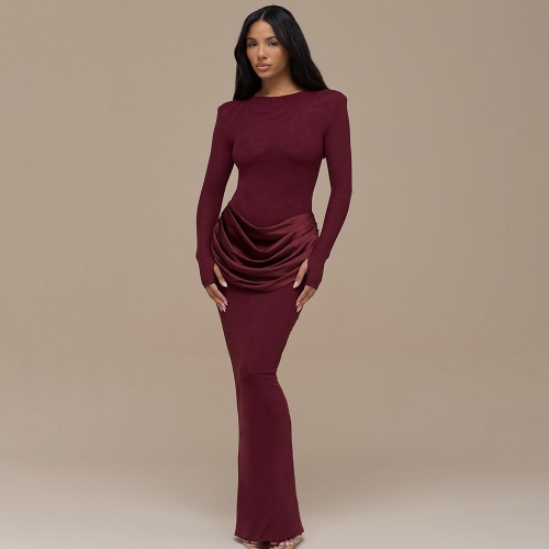 Women Sexy Bodycon Maxi Dress Long Sleeve Round Neck Shoulder Pads Waist Pleats Split Hem Elegant Party Evening Clubwear Polyester Satin Milk Silk Dress