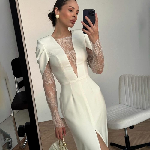 Sexy Lace Patchwork Maxi Dress Deep V-Neck Long Sleeve Cutout Bodycon Long Dress with Side Slit for Women Evening Party Elegant Slim Fit Clubwear