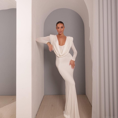 Women's Cowl Neck Maxi Dress Long Sleeve Solid Color Slim Fit Bodycon Evening Gown Floor Length Polyester Milk Silk Dress For Party Wedding Lady