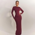 Women's Sexy Long Sleeve Bodycon Maxi Dress with Corset Bone Waist Design Solid Color Round Neck High Waist Slim Fit Split Floor Length Party Evening Dress