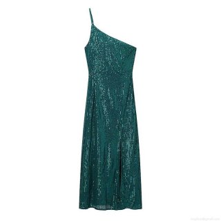 Women's Sexy One Shoulder Sequin Maxi Dress Sleeveless Sparkly Side Slit Evening Party Gown Elegant Bodycon Prom Dress for Ladies