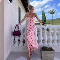 Women Sexy Backless Spaghetti Strap Maxi Dress Pink Polka Dot Wine Red Floral Jacquard Lace Up Bodycon Long Dress Elegant Slim Fit Sleeveless Party Evening Gown Polyester