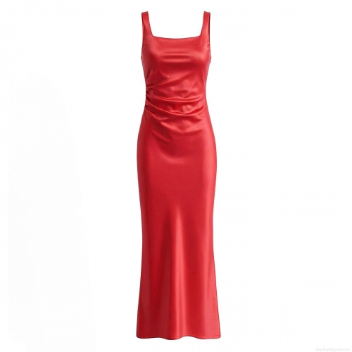 Women's Sexy Fishtail Satin Evening Dress Back Lace-up Maxi Gown Sleeveless Square Neck Ruched Bodycon Dress for Party Banquet Wedding