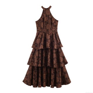 Women Halter Neck Maxi Dress Vintage Floral Jacquard Layered Ruffle Tiered Cake Dress Elegant Sleeveless Backless Evening Banquet Party Long Dress